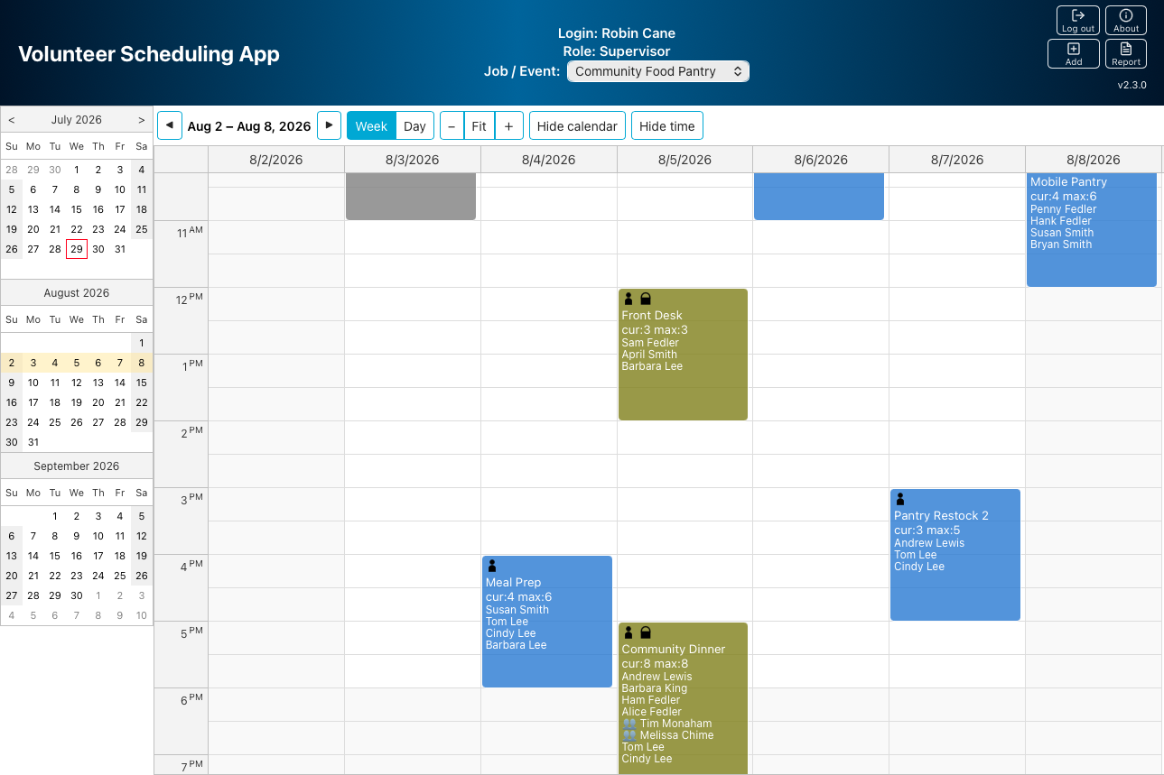 Coordinator view — full rosters listed on each shift, including group and family members